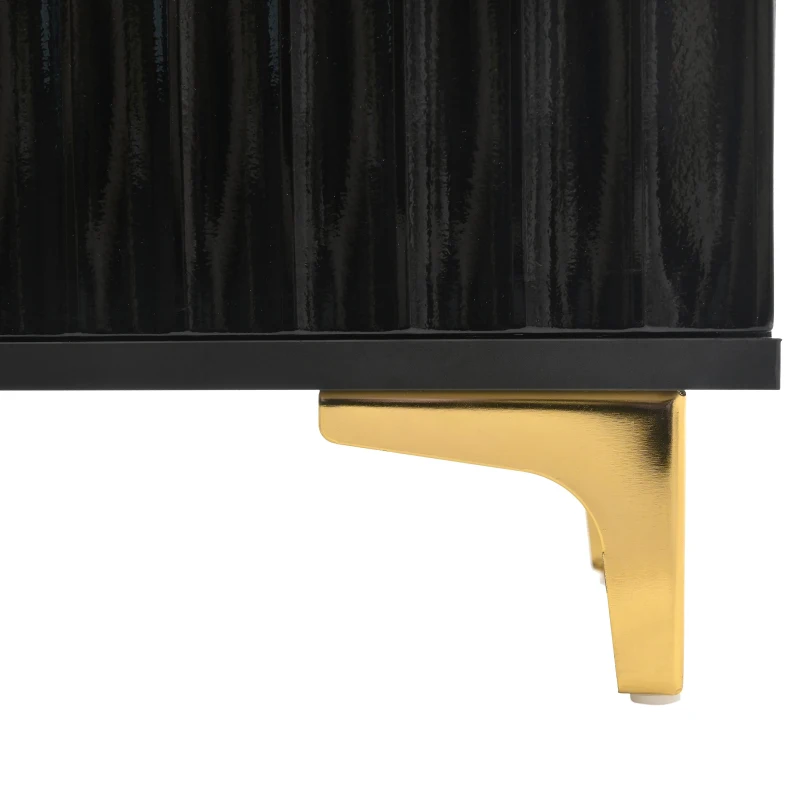 Modern Hall Tree with Bench, High Gloss Fluted Doors, 6 Gold Hooks, and Storage Cubbies, 49.5" L x 15.5" W x 75.5" H, Black+Gold