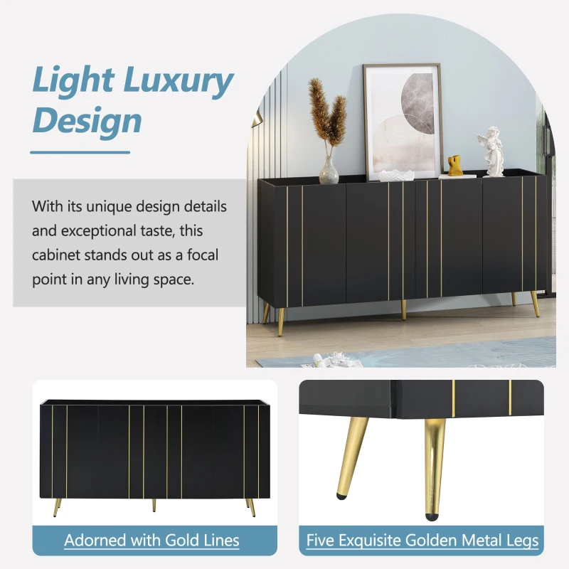 Storage Shoe Cabinet with 5 Metal Legs, Gold Lines Doors, Minimalist Sideboard Cabinet, Modern TV Stand, 63" L x 15" W x 31.5" H, Black