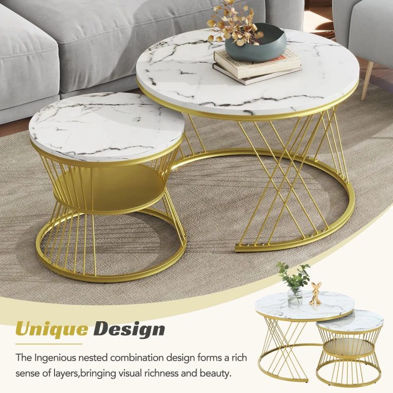 Nesting Coffee Table Set of 2 with Marble Grain Top and Golden Iron Frame, Space-Saving Design, Easy Assembly, White+Gold