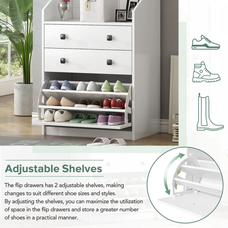 Vinsetto 27.5''W Narrow Hall Tree with Flip Drawer, Multi-functional Coat Rack with 4 Hanging Hooks & Adjustable Shoe Storage Cabinet for Hallway, White