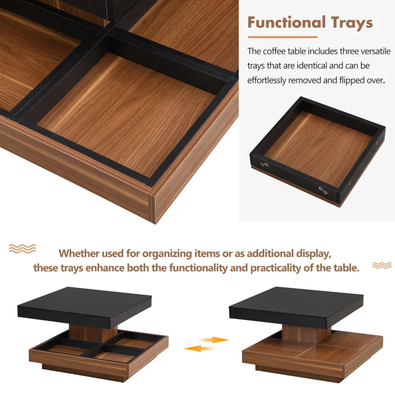 Square 360° Rotating Wood Coffee Table with 3 Detachable Trays, Storage Table for Living Room, 27.5" L x 27.5" W x 14" H, Black+Dark Walnut
