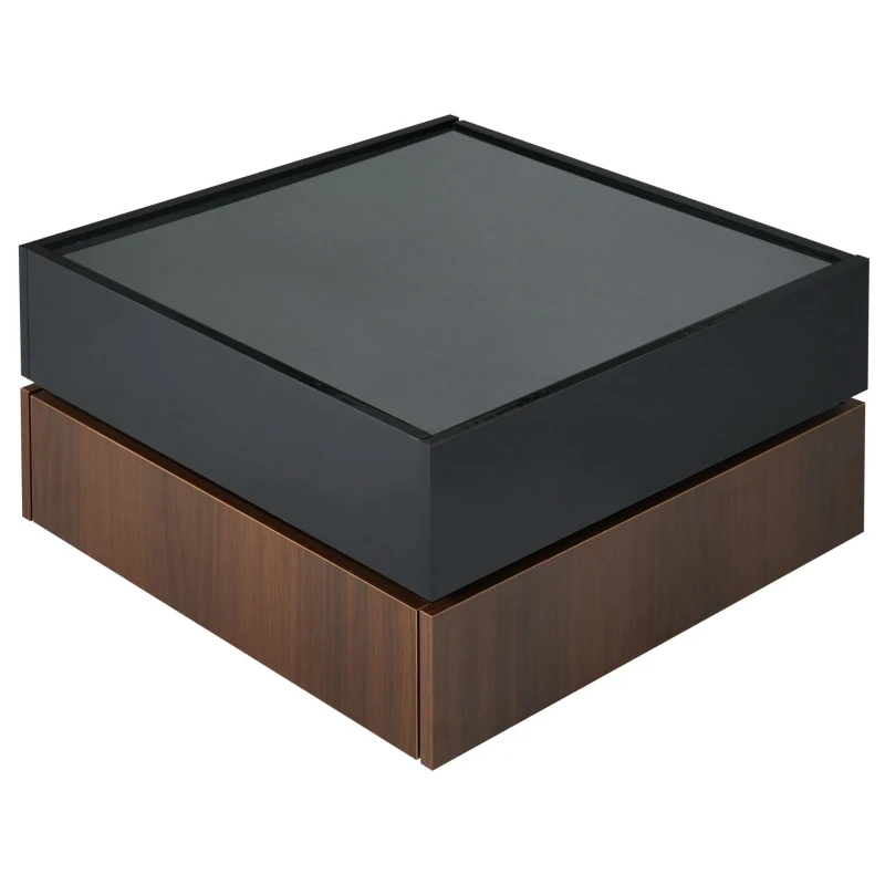 Multi-functional Square Coffee Table with 360° Rotating Top, 2 Drawers, High Gloss 2-Tier Design, 24" L x 24" W x 15" H, Black+Dark Walnut