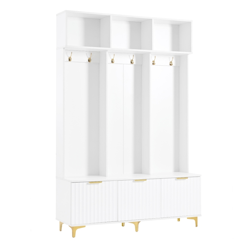 Modern Hall Tree with Bench, High Gloss Fluted Doors, 6 Gold Hooks, and Storage Cubbies, 49.5" L x 15.5" W x 75.5" H, White+Gold