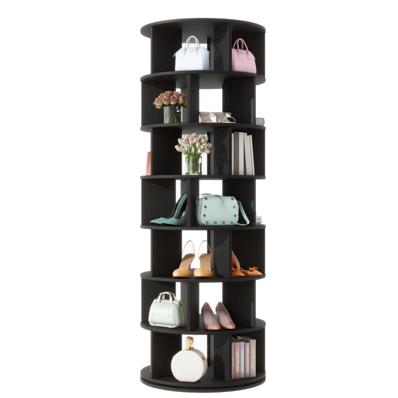 360° Spinning Shoe Cabinet with 5 Grids Per Layer, Adjustable 7-Tier Rotating Shoe Rack Tower, for Living Room, 23.5" L x 23.5" W x 65" H, Black