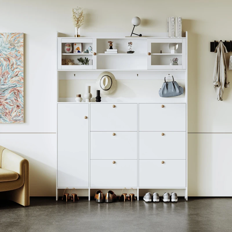 Multifunctional Shoe Cabinet with Storage Shelf, 6 Drawers, 4 Hooks and Tempered Glass Doors, Modern Hall Tree, 62" L x 7" W x 82" H, White