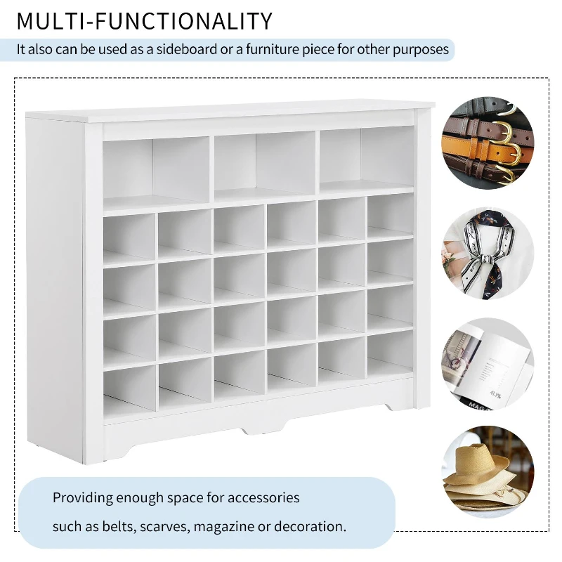 Sleek Design 24-Cubby Shoe Cabinet, Modern Shoe Cabinet with Curved Base, Versatile Sideboard, 45.5" L x 13" W x 35" H, White