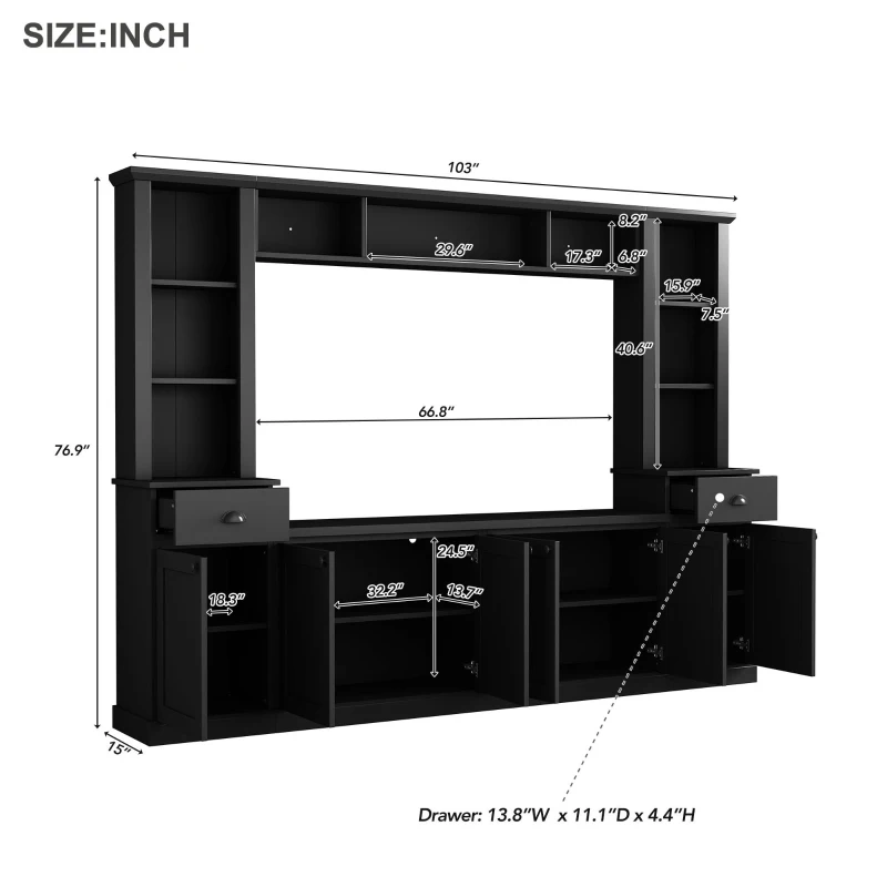 Minimalist Storage TV Stand for TVs Up to 75" with Adjustable Shelves, Entertainment Wall Unit Set for Living Room, 103" L x 15" W x 77" H, Black