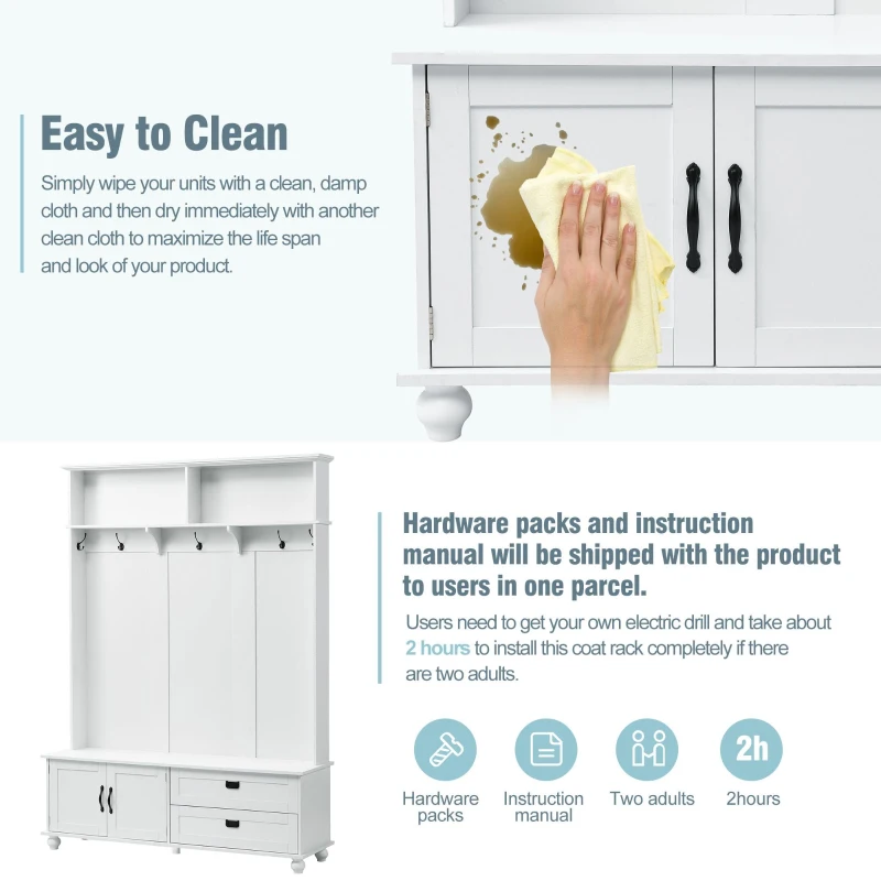 Modern Hall Tree with Storage Cabinet and 2 Large Drawers, Wide Mudroom Bench with 5 Coat Hooks, 59" L x 16" W x 80.5" H, White