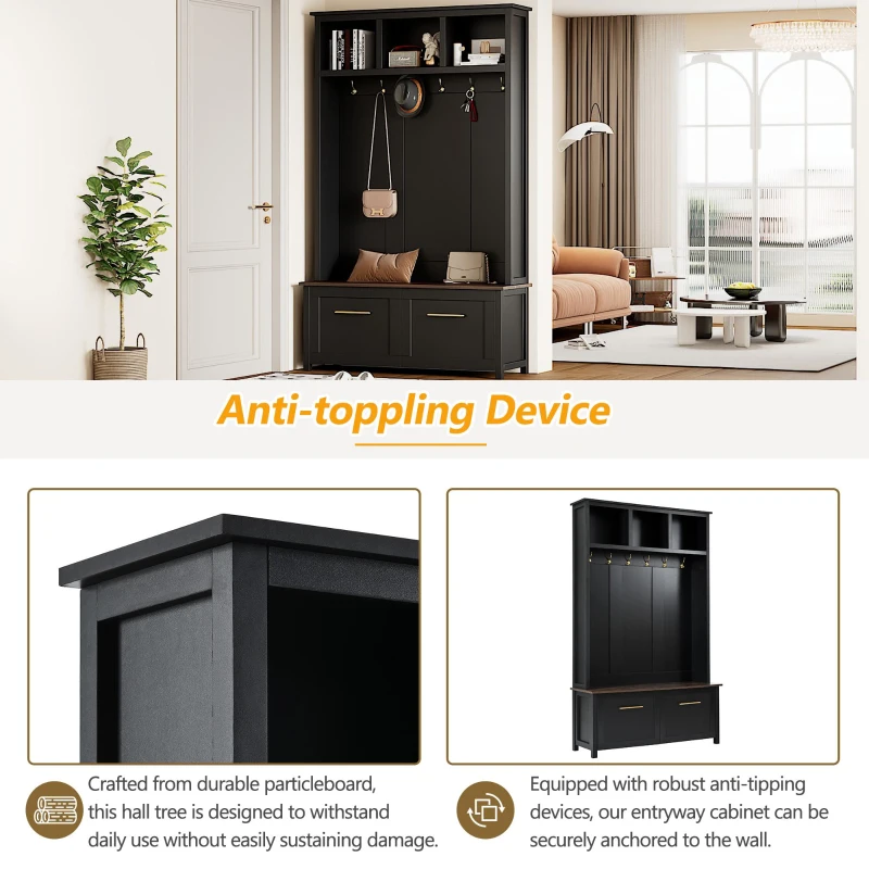 Vinsetto Versatile 4-in-1 Hall Tree with 6 Golden Hooks, Brown Wood Grain Bench, Multiple Storage Spaces, and 2 Drawers, 47" L x 15.5" W x 76.5" H, Black
