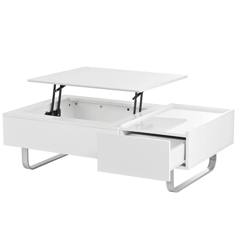 Vinsetto Multi-functional Coffee Table with Lifted Tabletop, Contemporary Design, Metal Frame Legs, High-gloss Surface, 45" L x 26.5" W x 14" H, White
