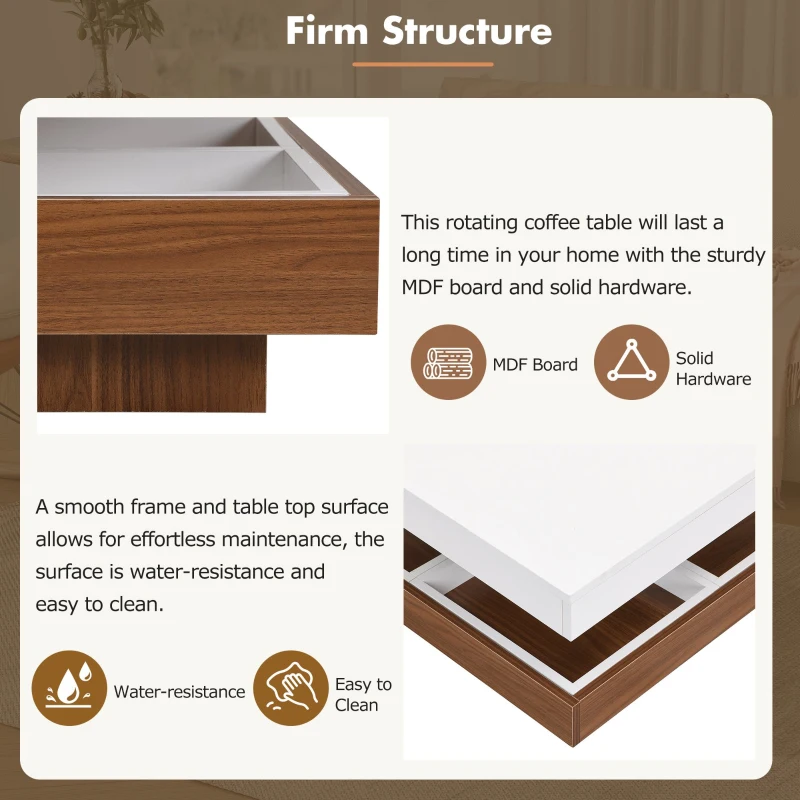 Square 360° Rotating Wood Coffee Table with 3 Detachable Trays, Storage Table for Living Room, 27.5" L x 27.5" W x 14" H, White+Walnut