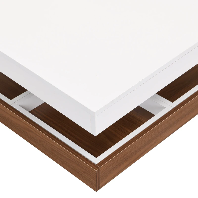 Square 360° Rotating Wood Coffee Table with 3 Detachable Trays, Storage Table for Living Room, 27.5" L x 27.5" W x 14" H, White+Walnut