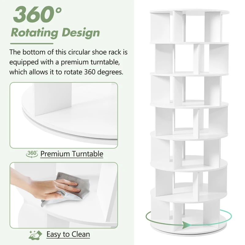 360° Spinning Shoe Cabinet with 5 Grids Per Layer, Adjustable 7-Tier Rotating Shoe Rack Tower, for Living Room, 23.5" L x 23.5" W x 65" H, White