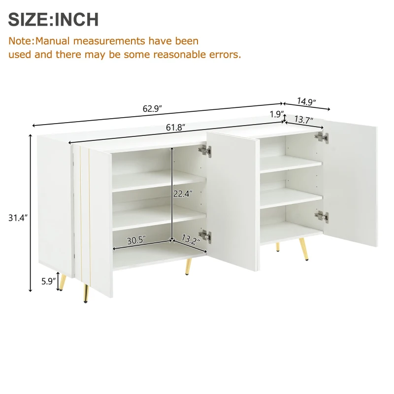 Storage Shoe Cabinet with 5 Metal Legs, Gold Lines Doors, Minimalist Sideboard Cabinet, Modern TV Stand, 63" L x 15" W x 31.5" H, White
