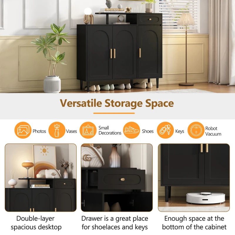 Elegant Shoe Cabinet with Arched Doors and Drawer, Adjustable Shelves, Solid Wood Legs, 47.5" L x 14.5" W x 43.5" H, Black