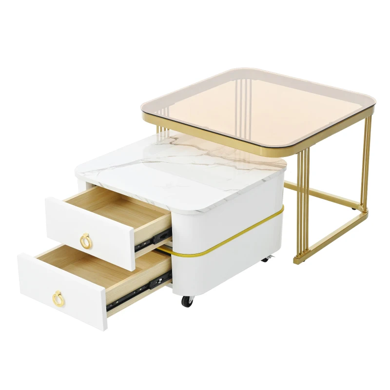 2-in-1 Square Nesting Coffee Table with Wheels & Drawers, High Gloss Marble Grain Top, Tempered Glass, 29" L x 27" W x 16" H, White+Gold