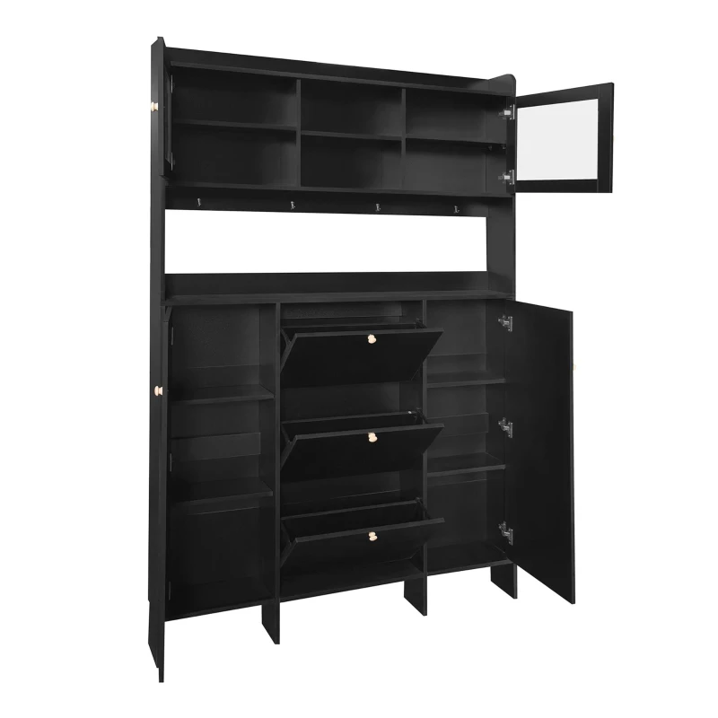 Vinsetto Contemporary Shoe Cabinet with Open Storage Platform, 3 Drawers and 4 Hooks, Tempered Glass Hall Tree, 55" L x 7" W x 82" H, Black