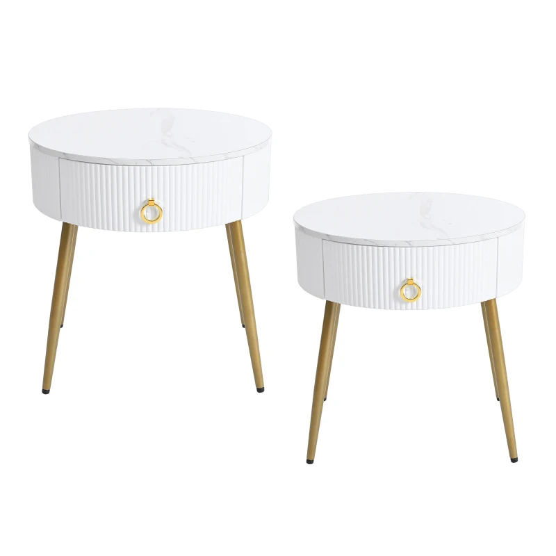 Vinsetto Set of 2 Modern End Tables with Storage, Faux Marble Tabletops, Fluted Panels, and Golden Legs, 19.5" L x 19.5" W x 20.5" H, White+Gold