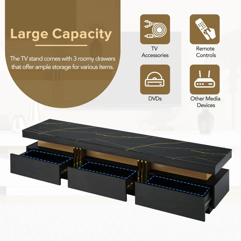 Vinsetto Luxury TV Stand with High Gloss Faux Marble Top for TVs Up to 78", Media Console with Golden Panel Design and 3 Drawers, Black+Gold