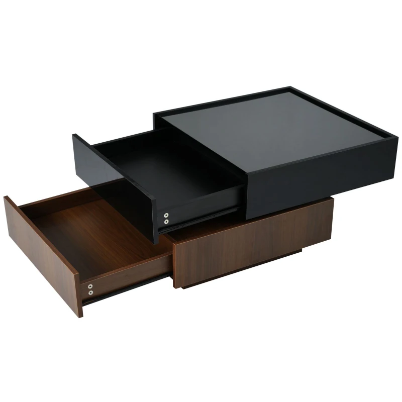 Multi-functional Square Coffee Table with 360° Rotating Top, 2 Drawers, High Gloss 2-Tier Design, 24" L x 24" W x 15" H, Black+Dark Walnut