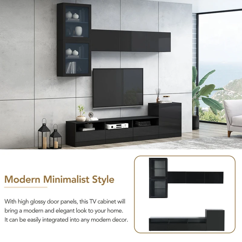 High Gloss TV Stand for TVs Up to 78" with Ample Storage, Media Console, Wall Mounted Floating Cabinets, 93" L x 15" W x 26" H, Black