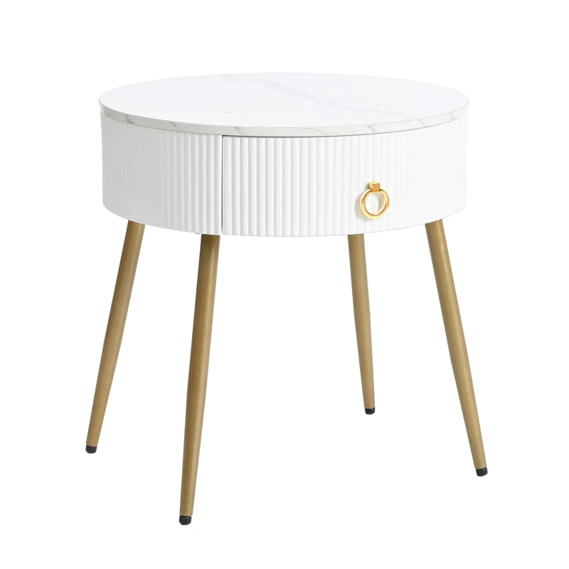 Vinsetto Set of 2 Modern End Tables with Storage, Faux Marble Tabletops, Fluted Panels, and Golden Legs, 19.5" L x 19.5" W x 20.5" H, White+Gold
