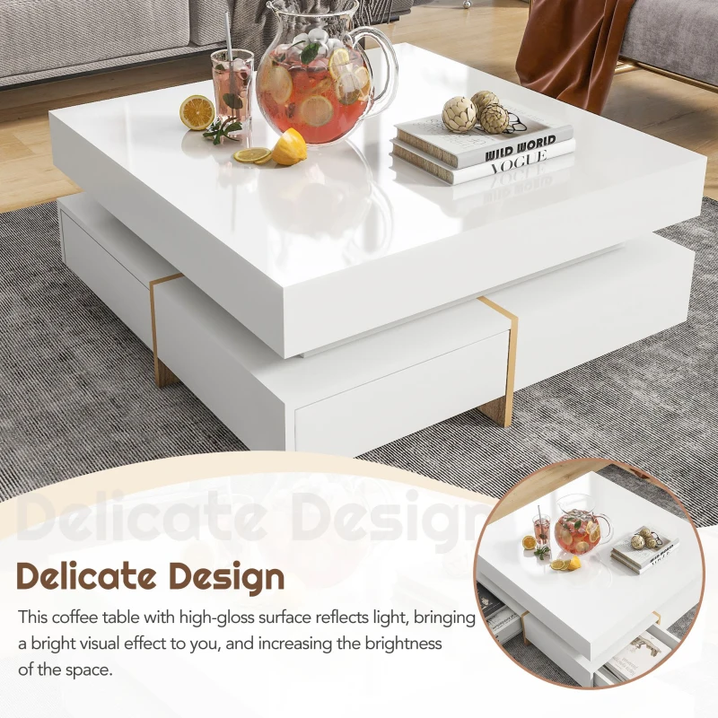 Modern High Gloss Coffee Table with 4 Drawers, Multi-Storage Square Cocktail Tea Table with Wood Grain Legs, 31.5''x31.5'', White