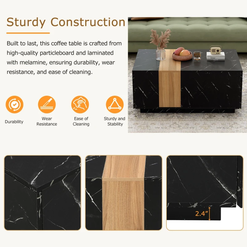 Vinsetto Modern Coffee Table with Faux Marble and Walnut Finish, Rectangular Center Table with 2 Storage Drawers for Living Room, Black