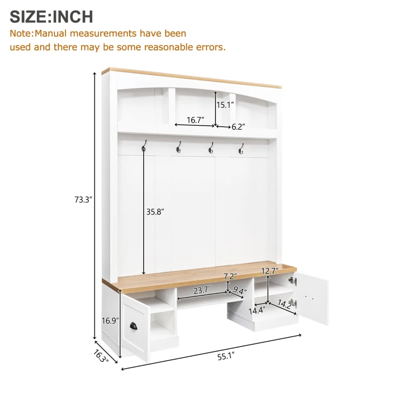 Farmhouse 4-in-1 Hall Tree with Bench and Adjustable Shelves, Multifunctional Storage Coat Rack with Hooks, 55" L x 16.5" W x 73.5" H, White