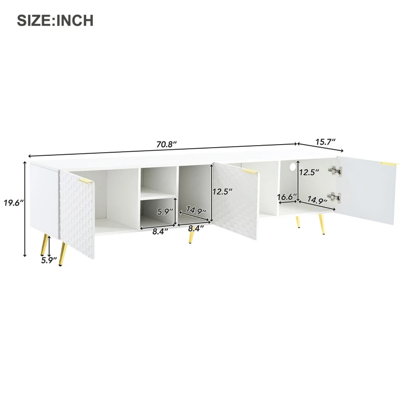 Vinsetto Modern Minimalist Geometric TV Stand with Metal Handles and Gold Legs, Fits TVs Up to 80", Multi-functional TV Stand with Storage Cabinets, White+Gold