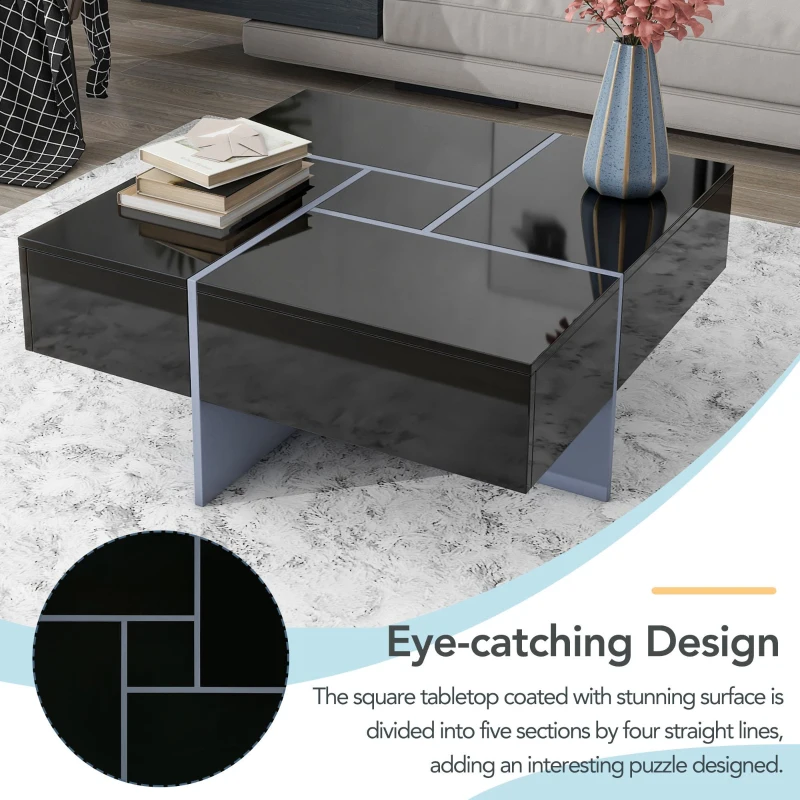 Coffee Table with 4 Hidden Storage Compartments, Extendable Sliding Tabletop, UV High-Gloss Design, 31.5"x31.5", Black
