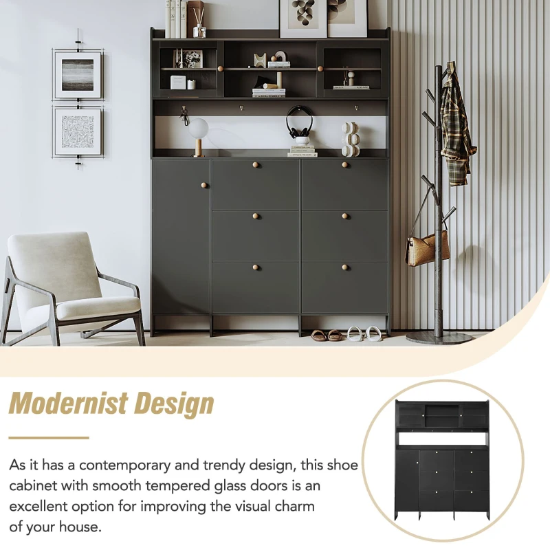 Vinsetto Multifunctional Shoe Cabinet with Storage Shelf, 6 Drawers, 4 Hooks and Tempered Glass Doors, Modern Hall Tree, 62" L x 7" W x 82" H, Black