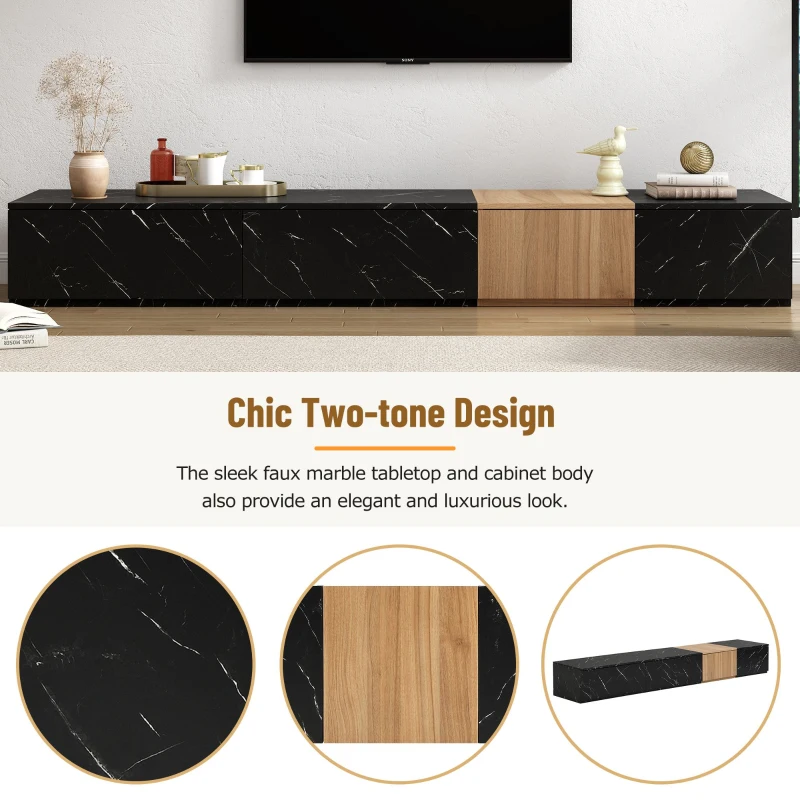 TV Stand with Faux Marble and Walnut Finish, Modular Entertainment Center for TVs up to 88", 4 Storage Drawers, Black