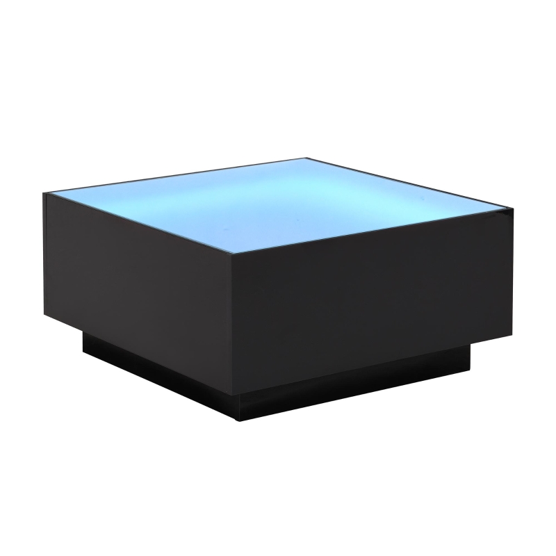 Square High Glossy Coffee Table with 16-Color LED Strip Lights, 0.2'' Glass Top, Modern Center Table for Living Room, 27.5" L x 27.5" W x 14" H, Black