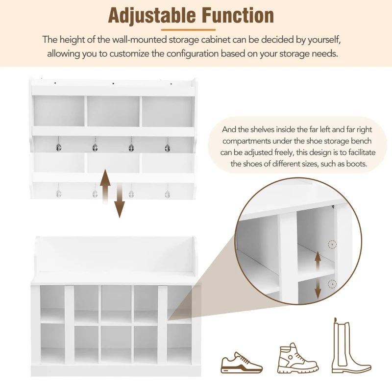 Shoe Cabinet Storage with Shelves and 4 Hooks, Elegant Hall Tree with Wall Mounted Coat Rack, Entryway Organizer for Hallway, Mudroom, White