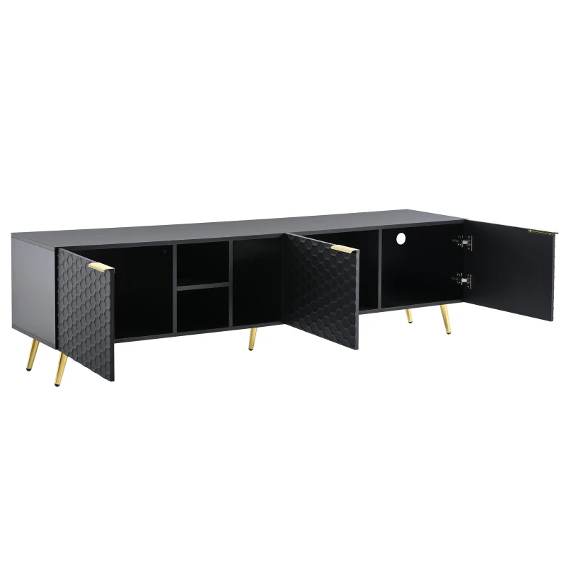 Vinsetto Modern Minimalist Geometric TV Stand with Metal Handles and Gold Legs, Fits TVs Up to 80", Multi-functional TV Stand with Storage Cabinets, Black+Gold