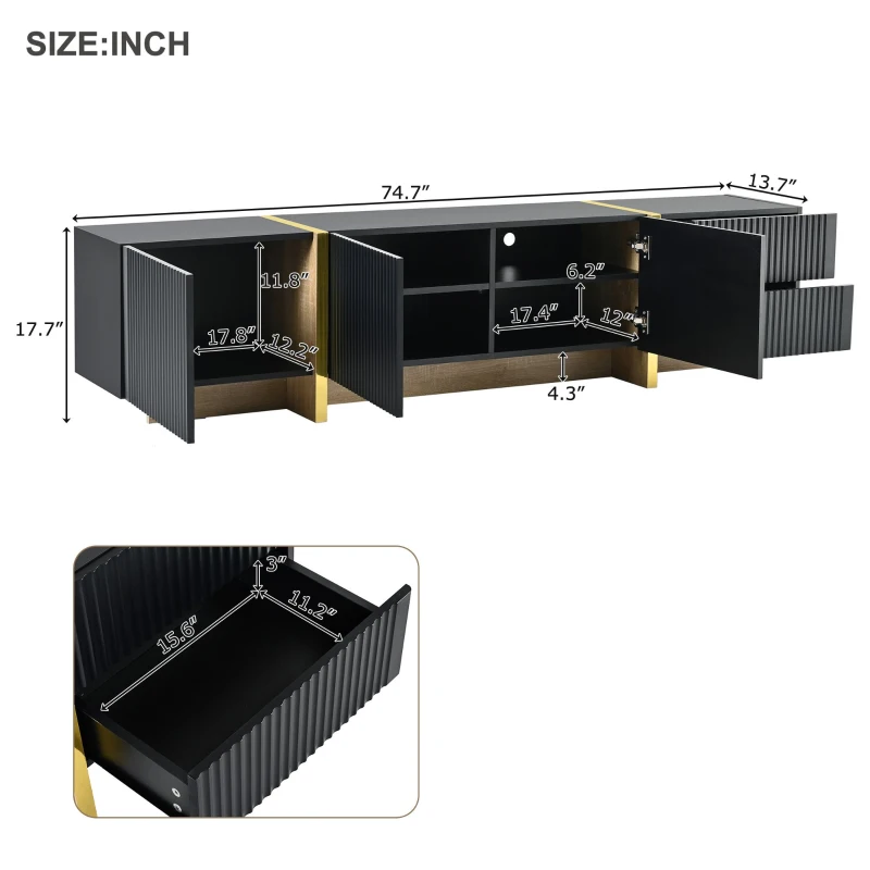 Luxury Fluted TV Stand with Storage Cabinets & Drawers, Smooth Media Console with Golden Wood Grain Legs, 75" L x 14" W x 18" H, Black