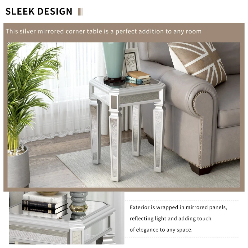 Modern Glass Mirrored End Side Table, Versatile Design with Adjustable Legs, Sleek Corner Table for Living Room or Bedroom, Silve