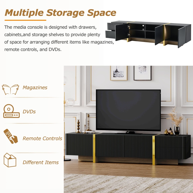 Luxury Fluted TV Stand with Storage Cabinets & Drawers, Smooth Media Console with Golden Wood Grain Legs, 75" L x 14" W x 18" H, Black