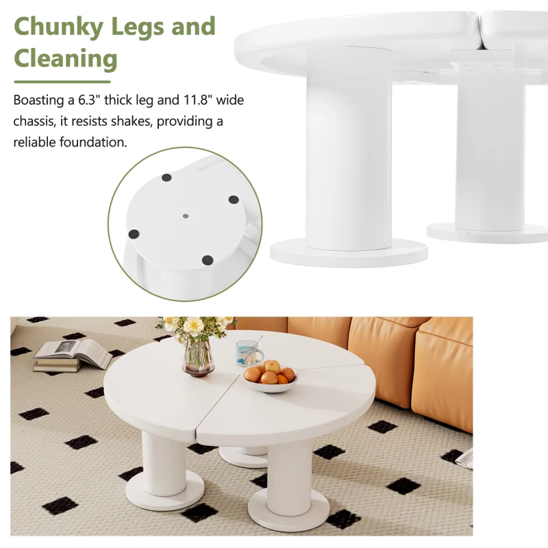 Round Petal-Shaped Coffee Table with Thick Legs and Sleek Edges, Minimalist Design, 39.5" Diameter, Easy Assembly, White