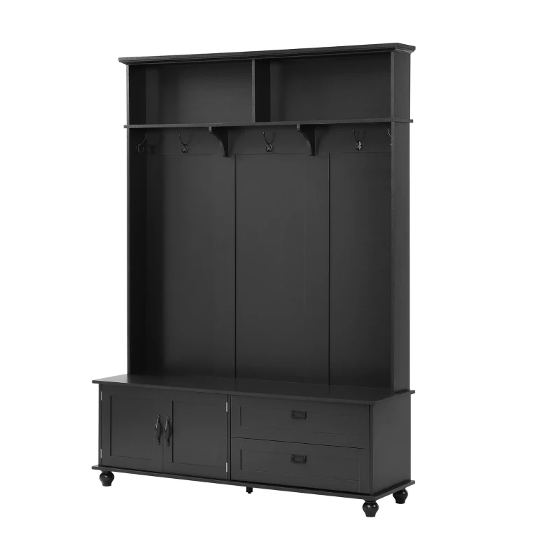 Modern Hall Tree with Storage Cabinet, 2 Large Drawers, Mudroom Bench with 5 Coat Hooks, 59" L x 16" W x 80.5" H, Black