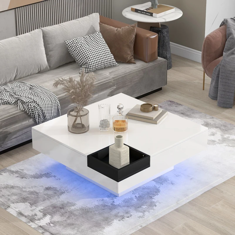 Vinsetto Modern Minimalist 31.5" Square Coffee Table with Detachable Tray and 16-Color LED Strip Lights, Remote Control, 31.5" L x 31.5" W x 12" H, White