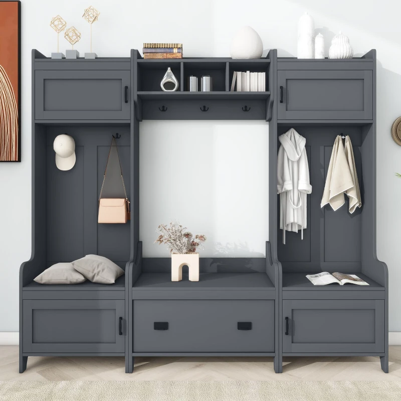 Vinsetto Modern 4-in-1 Hall Tree with Coat Rack, Storage Bench, Entryway Shelf, 7 Metal Hooks, and 4 Cabinets, 78.5" L x 15" W x 72" H, Grey