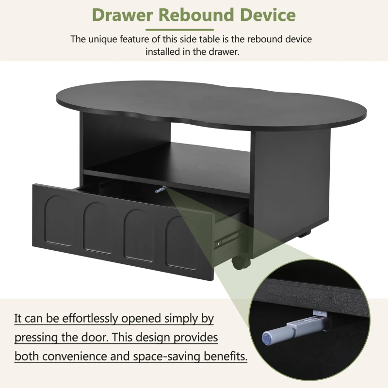 Vinsetto Coffee Table with Cloud Top, 2 Brake Wheels, Drawer, and Large Storage, 39.5" L x 23.5" W x 17.5" H, Black