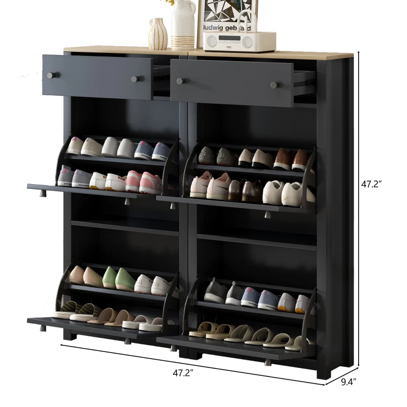 Modern Slim Shoe Cabinet Set with 4 Flip Drawers, Wood Grain Pattern Top, Adjustable Panels, Shoe Rack for Hallway, Black