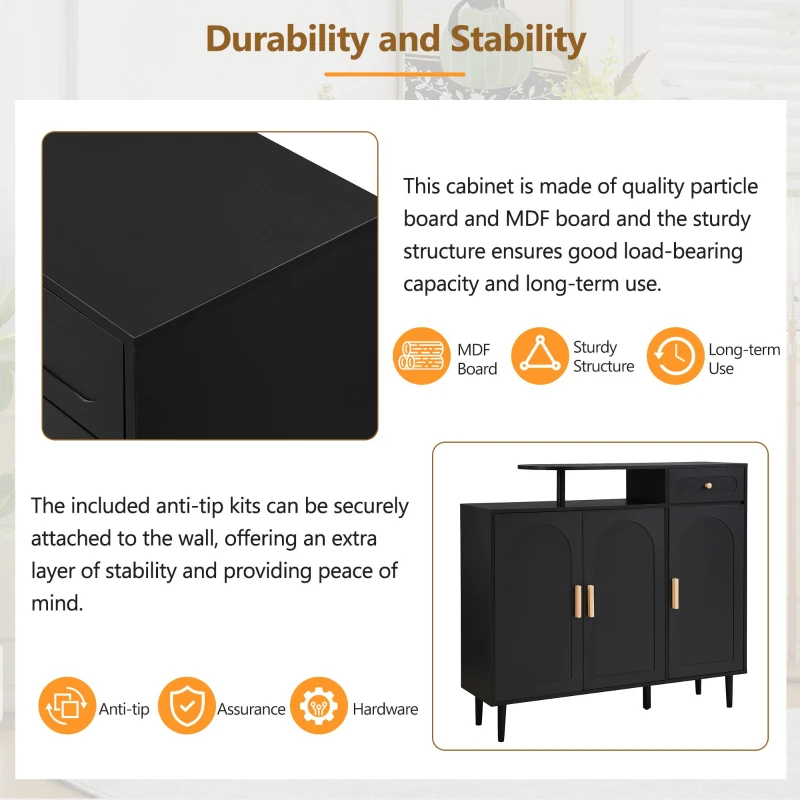 Elegant Shoe Cabinet with Arched Doors and Drawer, Adjustable Shelves, Solid Wood Legs, 47.5" L x 14.5" W x 43.5" H, Black