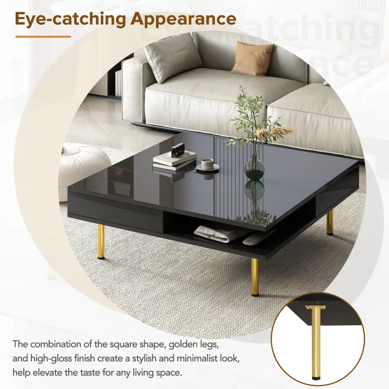 Exquisite High Gloss Coffee Table with 4 Golden Legs, 2 Small Drawers, and 2-Tier Square Center Table for Living Room, Black