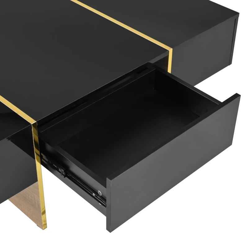 Minimalist High Gloss Coffee Table with 2 Drawers, Storage Rectangle Sofa Table, with Golden Wood Legs, 47" L x 31.5" W x 15.5" H, Black