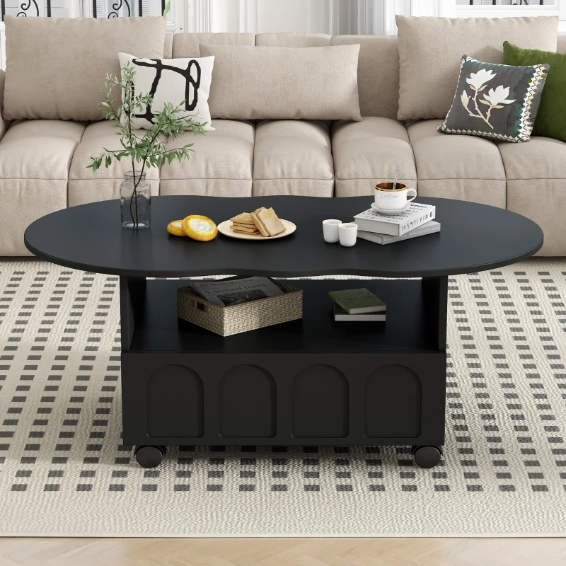 Vinsetto Coffee Table with Cloud Top, 2 Brake Wheels, Drawer, and Large Storage, 39.5" L x 23.5" W x 17.5" H, Black