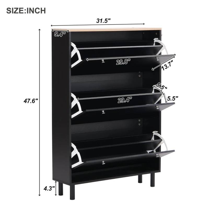 Vinsetto Narrow Design Shoe Cabinet with 3 Flip Drawers, Wood Grain Top, Adjustable Shelves, and 3 Hooks, 31.5" L x 9.5" W x 48" H, Black